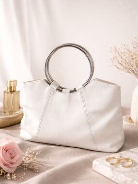 White Faux Leather Mini Handbag Silver Ring Handle Y2K Chic